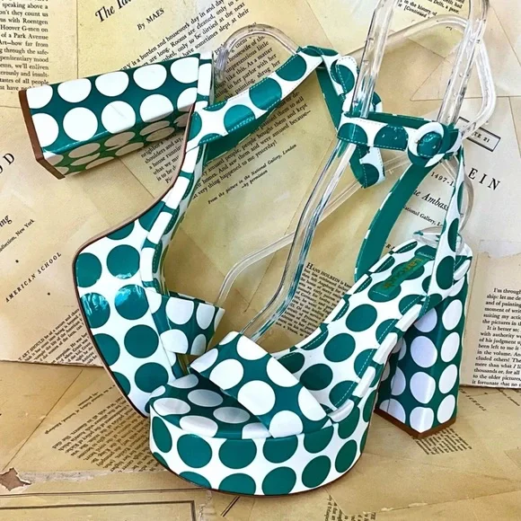 Anthropologie Larroude Dolly Platform Sandal Green White Patent Polka Dot - Picture 2 of 10